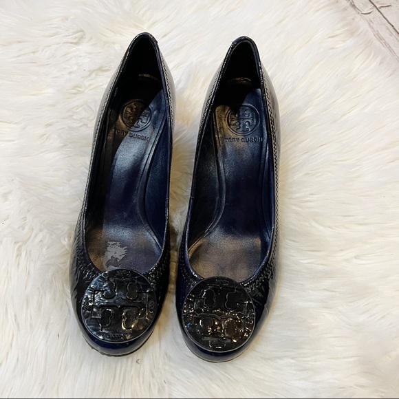 Tory Burch Shoes - Tory Burch Deep Navy Blue Patent Leather Stacked Wood Wedges Size 8.5